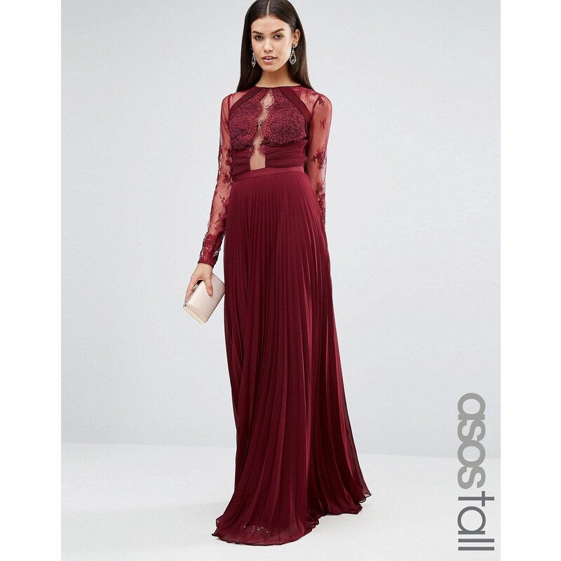 ASOS TALL WEDDING Pretty Lace Eyelash Pleated Maxi Dress - Rouge