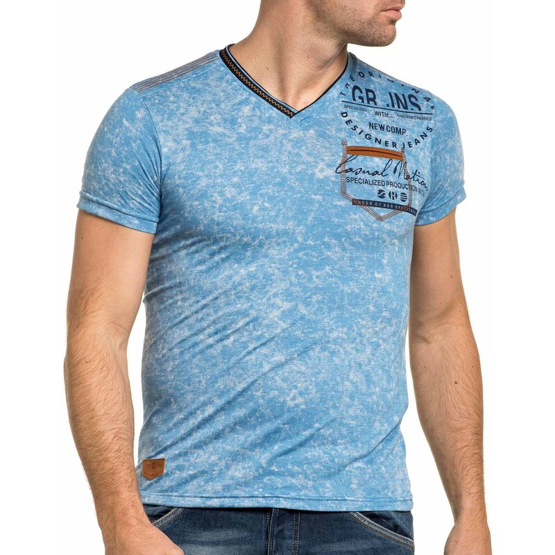 Blz Jeans T-shirt Tshirt bleu délavé col V homme
