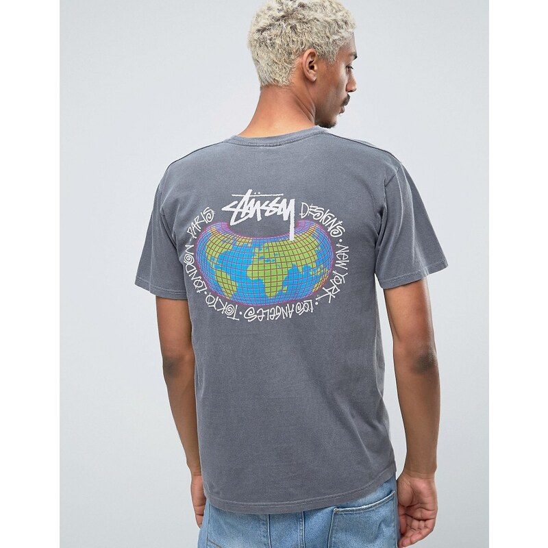 Stussy - T-shirt avec imprimé monde et logo au dos - Noir