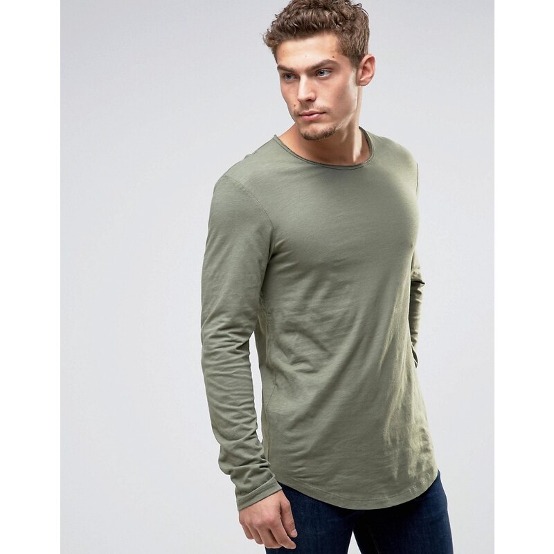 Esprit - T-shirt long à manches longues avec ourlet arrondi - Vert