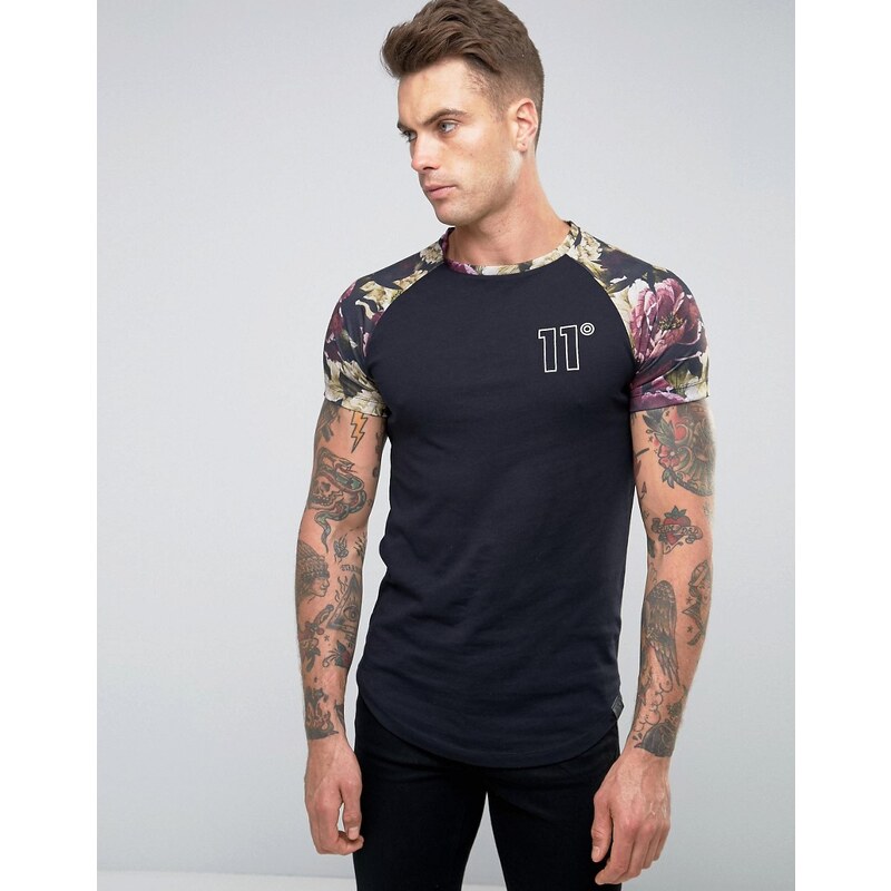 11 Degrees - T-shirt avec manches raglan à imprimé floral - Noir