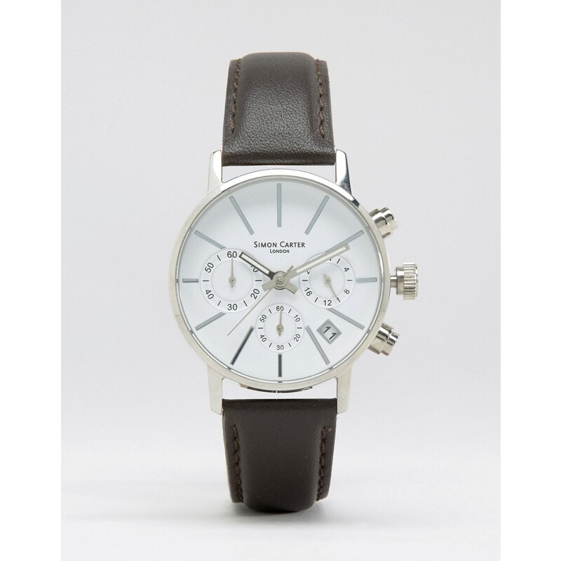 Simon Carter - Montre chronographe avec cadran blanc et bracelet en cuir - Marron - Noir