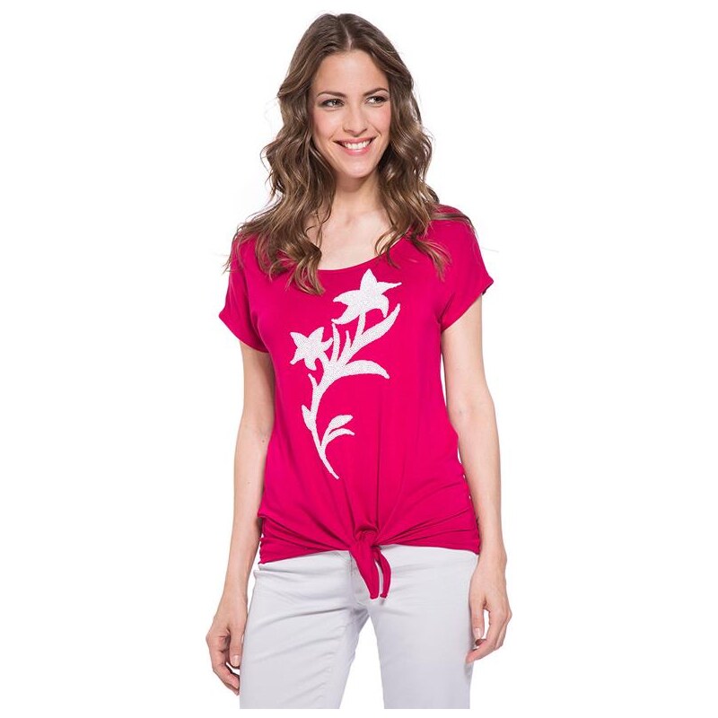 T-shirt motif fleurs sequins Rouge Viscose - Femme Taille 2 - Bréal
