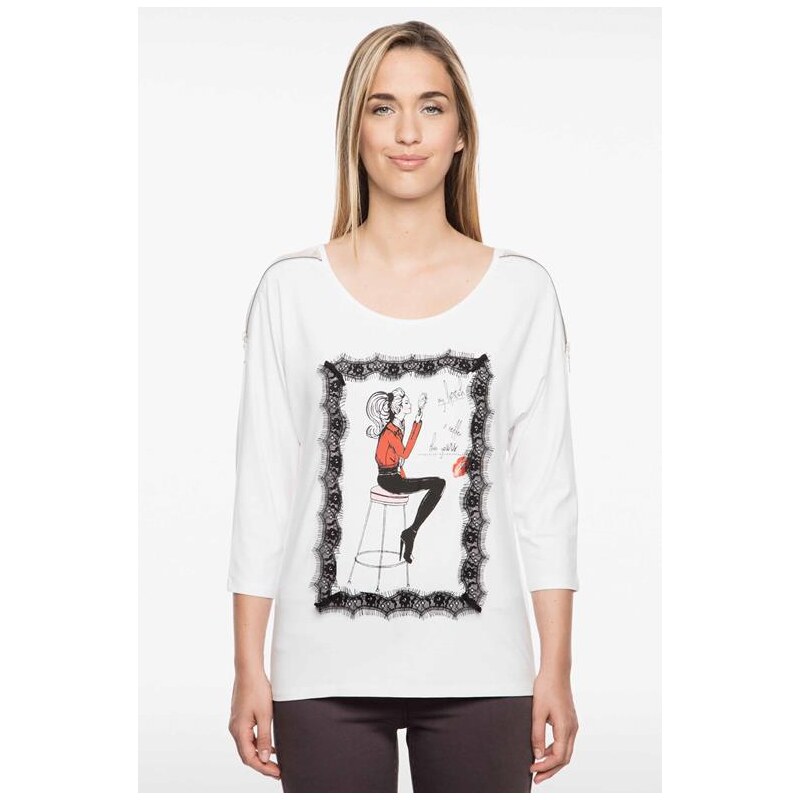 T-shirt zips motif et dentelle Blanc Elasthanne - Femme Taille 5 - Bréal