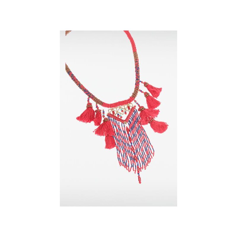 Collier femme ethnique perles pompons Rouge - Femme Taille TU - Bonobo