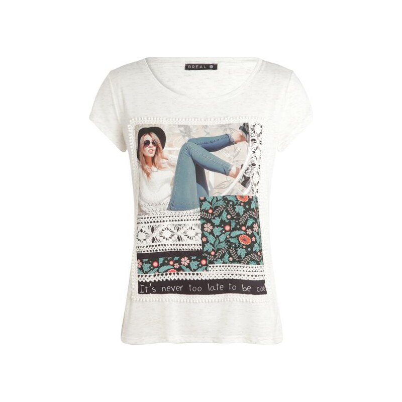 T-shirt motif femme et fleur devant Beige Viscose - Femme Taille 3 - Bréal