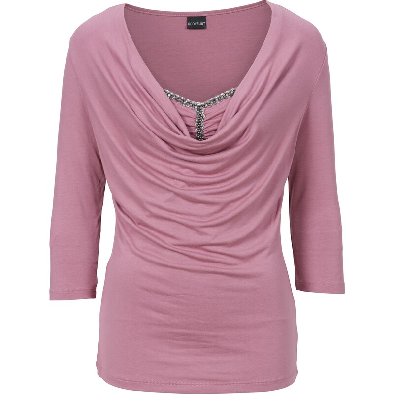 BODYFLIRT Bonprix - T-shirt avec décoration au décolleté rose manches 3/4 pour femme