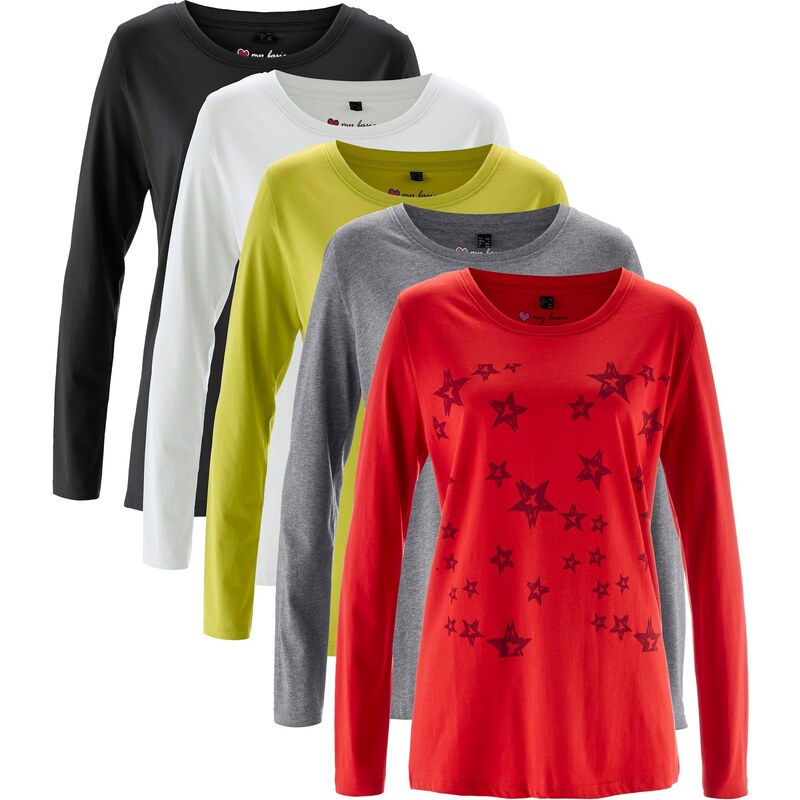 bpc bonprix collection Bonprix - Lot de 5 T-shirts col rond à manches longues rouge pour femme