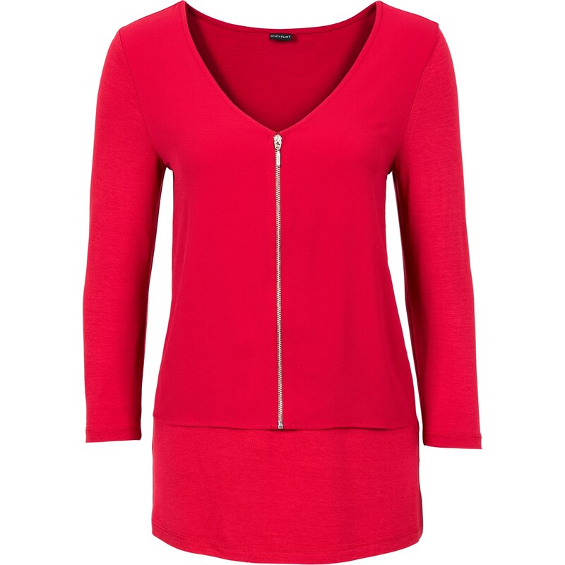BODYFLIRT Bonprix - T-shirt zippé rouge manches 3/4 pour femme
