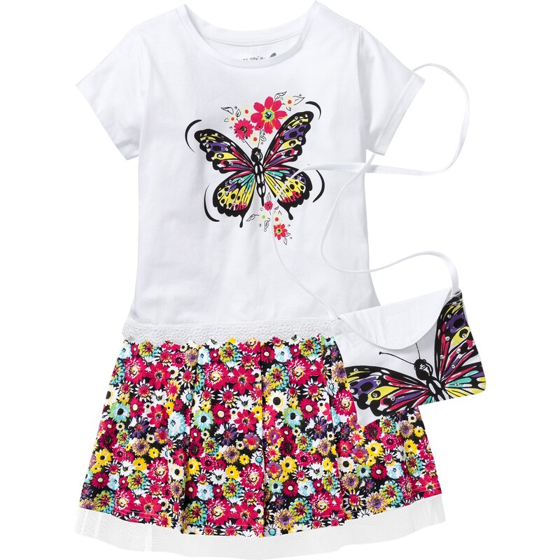 bpc bonprix collection Bonprix - T-shirt à empiècement dentelle + jupe + petit sac (Ens. 3 pces.) blanc manches courtes pour enfant