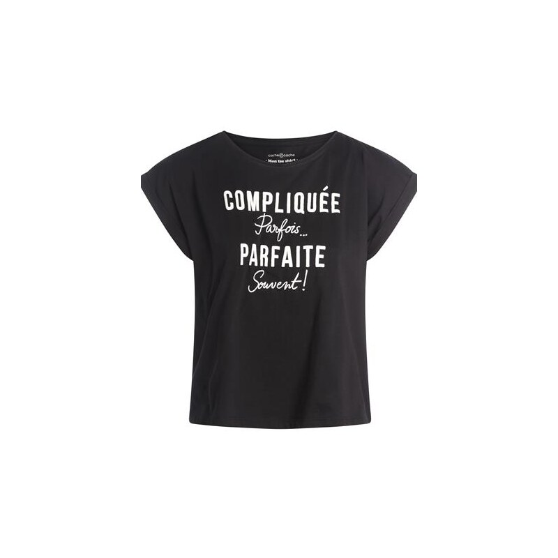 T-shirt à message manches courtes Noir Coton - Femme Taille 0 - Cache Cache