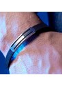Lucleon Nomen | Bracelet en cuir noir avec plaque d'identification rayée en métal argenté